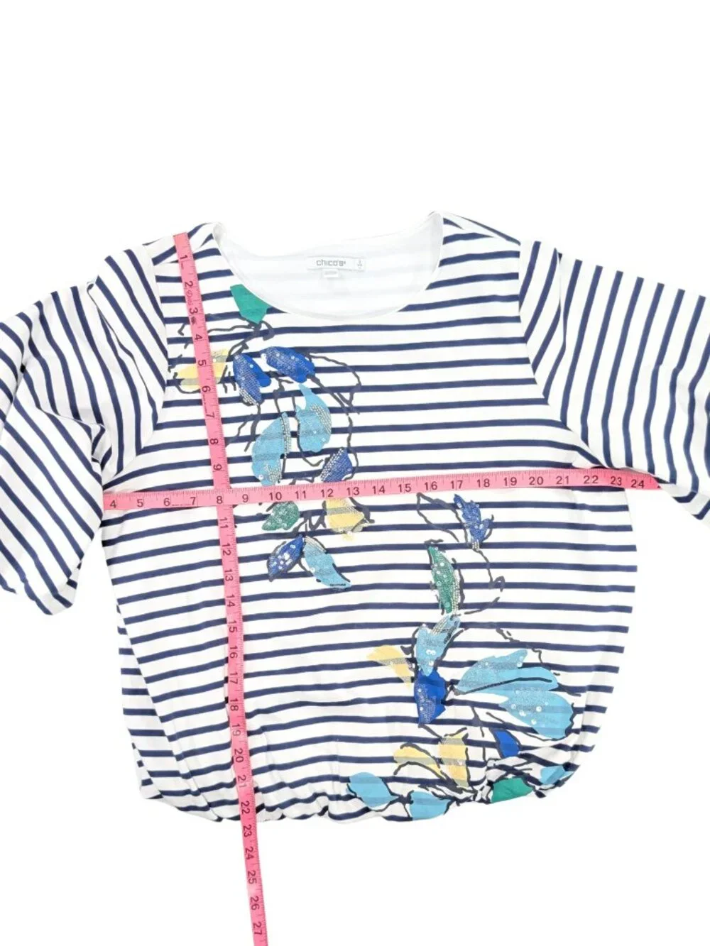 Chico's 2 Large Navy White Stripe Floral Embroidered Lined 3/4 Sleeve Top